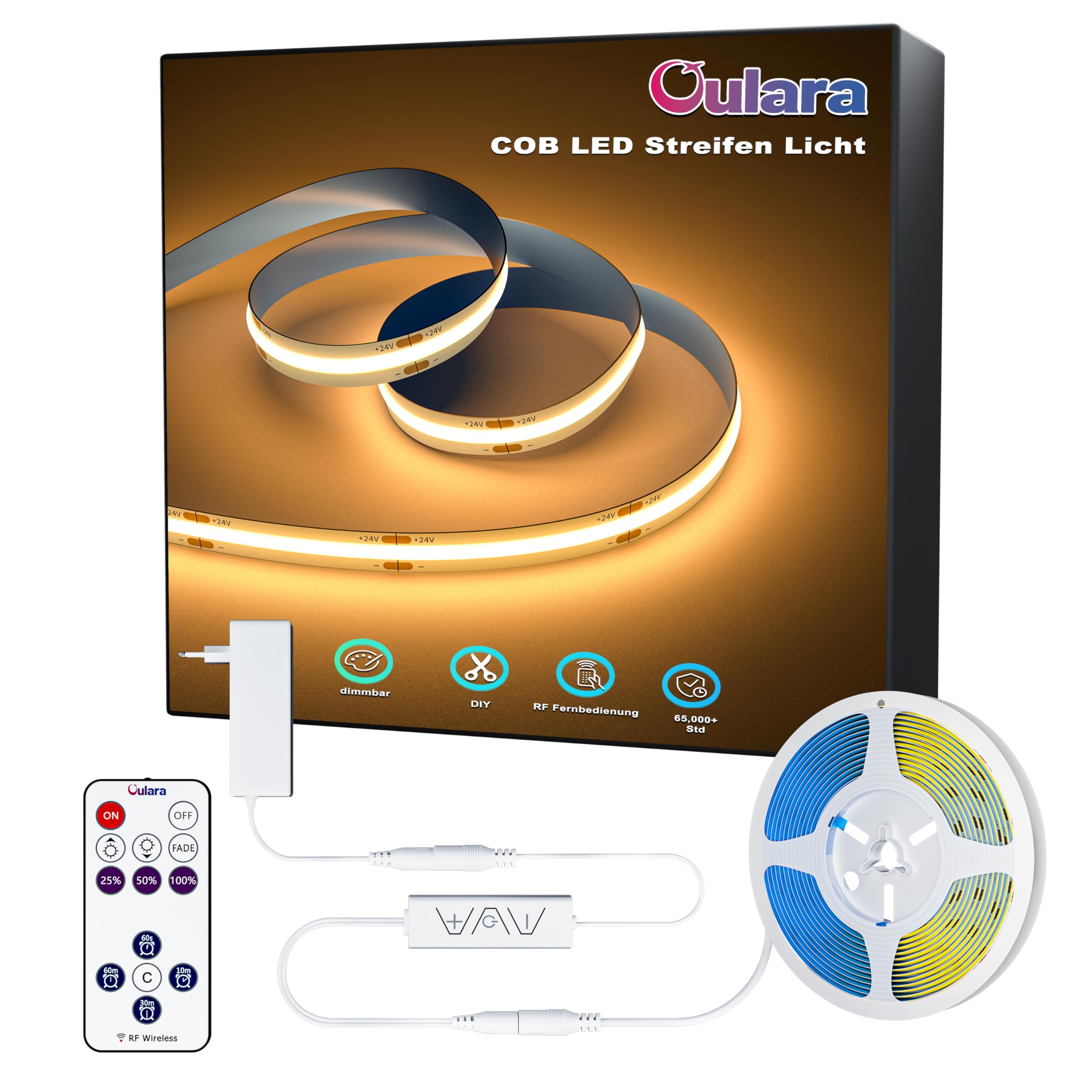 OULARA LED Streifen Strip 10M 2700K,Dimmbar Warmweiss 24V LED Band set mit RF Fernbedienung und Netzteil,CRI90+ Hell Unterbauleuchte für Home DIY Dekoration,Timerfunktion