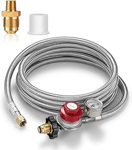 WADEO 12 Feet Adjustable Propane Regulator Hose with Gauge, 0-30 PSI High Pressure Stainless Steel Braided Hose with 1/8 MNPT Pipe Fitting for Grill, Burner, Fryer, Cooker, firepit and More