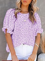 Dokotoo Womens Tops Cute Floral Print Round Neck