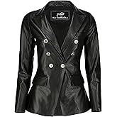 Jild Double Breasted Fancy Buttons Lambskin Leather Blazer Women - Kim Kardashian Long Sleeve Coat Style Leather Jacket Women