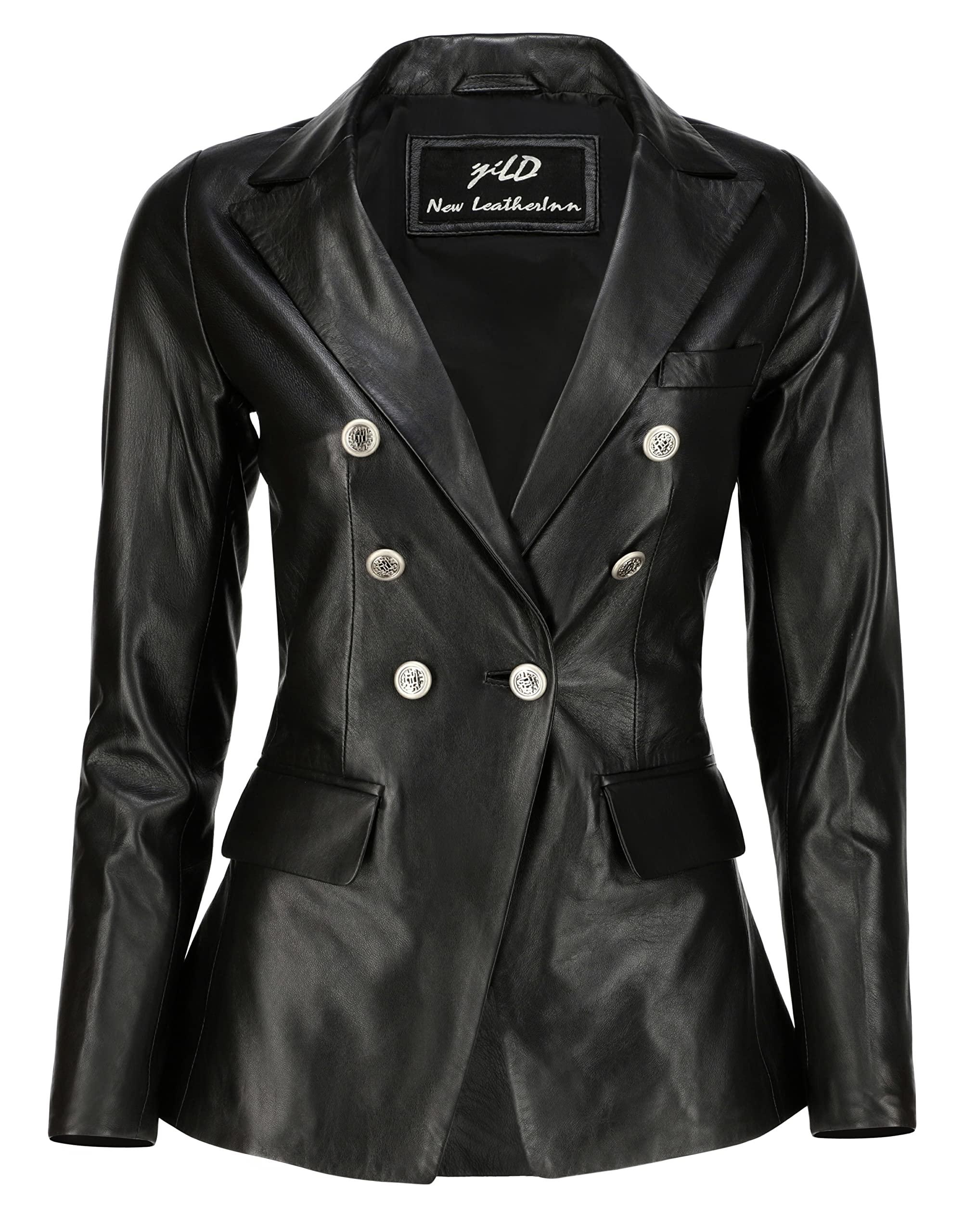 Photo 1 of Jild Double Breasted Fancy Buttons Lambskin Leather Blazer Women - Kim Kardashian Long Sleeve Coat Style Leather Jacket Women (4XL)