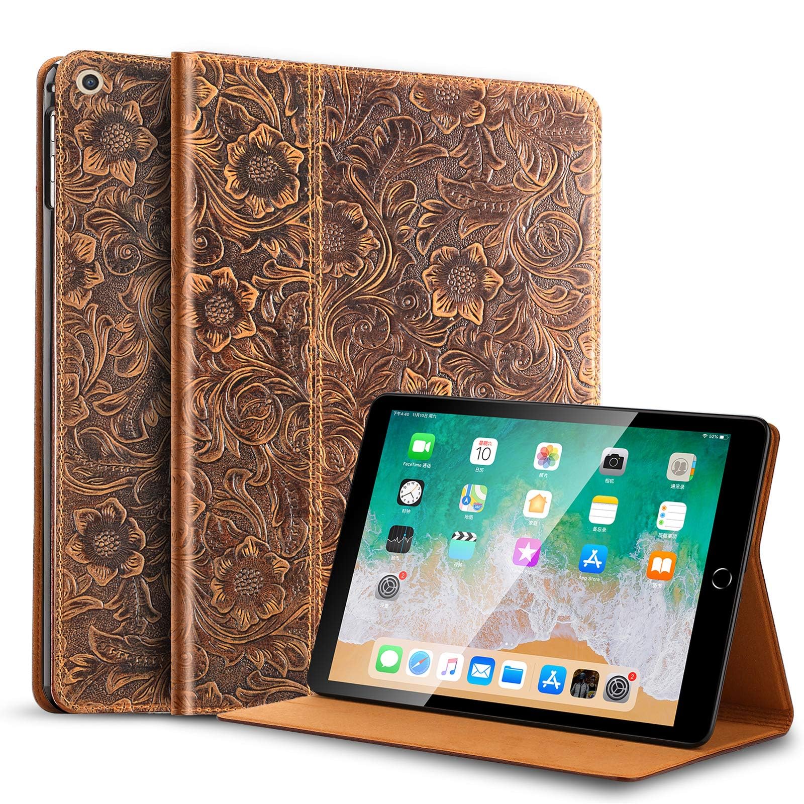 Gexmil for iPad Mini 7.9 Inch Case 2012/2013/2014/2015/2019（5th/4th/3rd/2nd/1st Generation）,Auto Wake/Sleep,Genuine Leather Case with Stand,Flower Brown