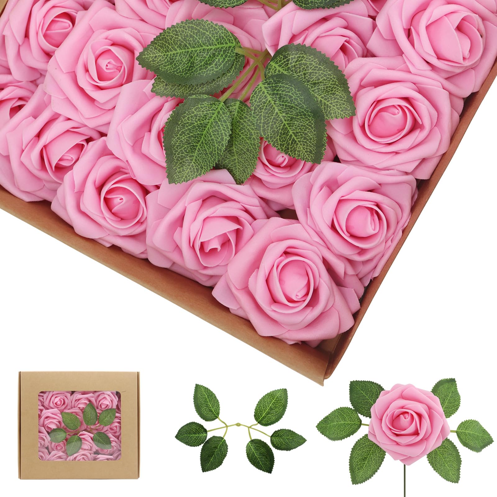 Photo 1 of WANTMAZOR Artificial Flowers Dark Pink Roses 100PCS Real Looking Foam Fake Roses with Leaves and for DIY Wedding Bouquets Bridal Shower Centerpieces Party Decorations (Dark Pink, 100)