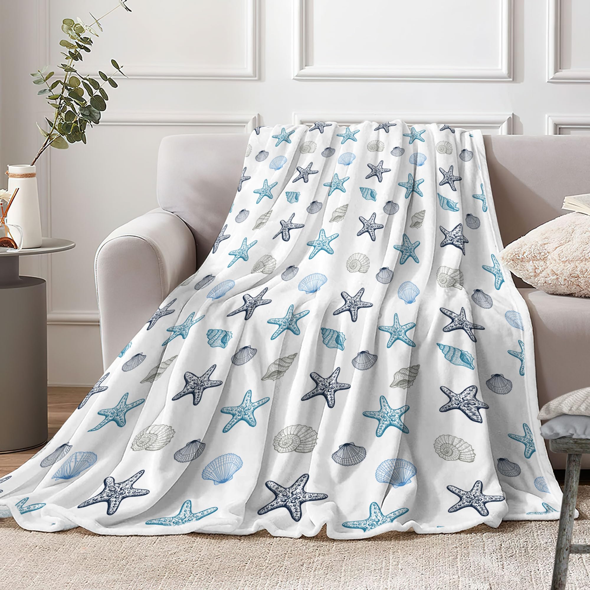 Photo 1 of Ydbkt Coastal Ocean Beach Throw Blanket, Starfish Seashells Summer Fleece Blue Grey on White Blanket, Ocean Theme Lightweight Soft Cozy for Sofa Couch Bed Room Decor 40"x30"