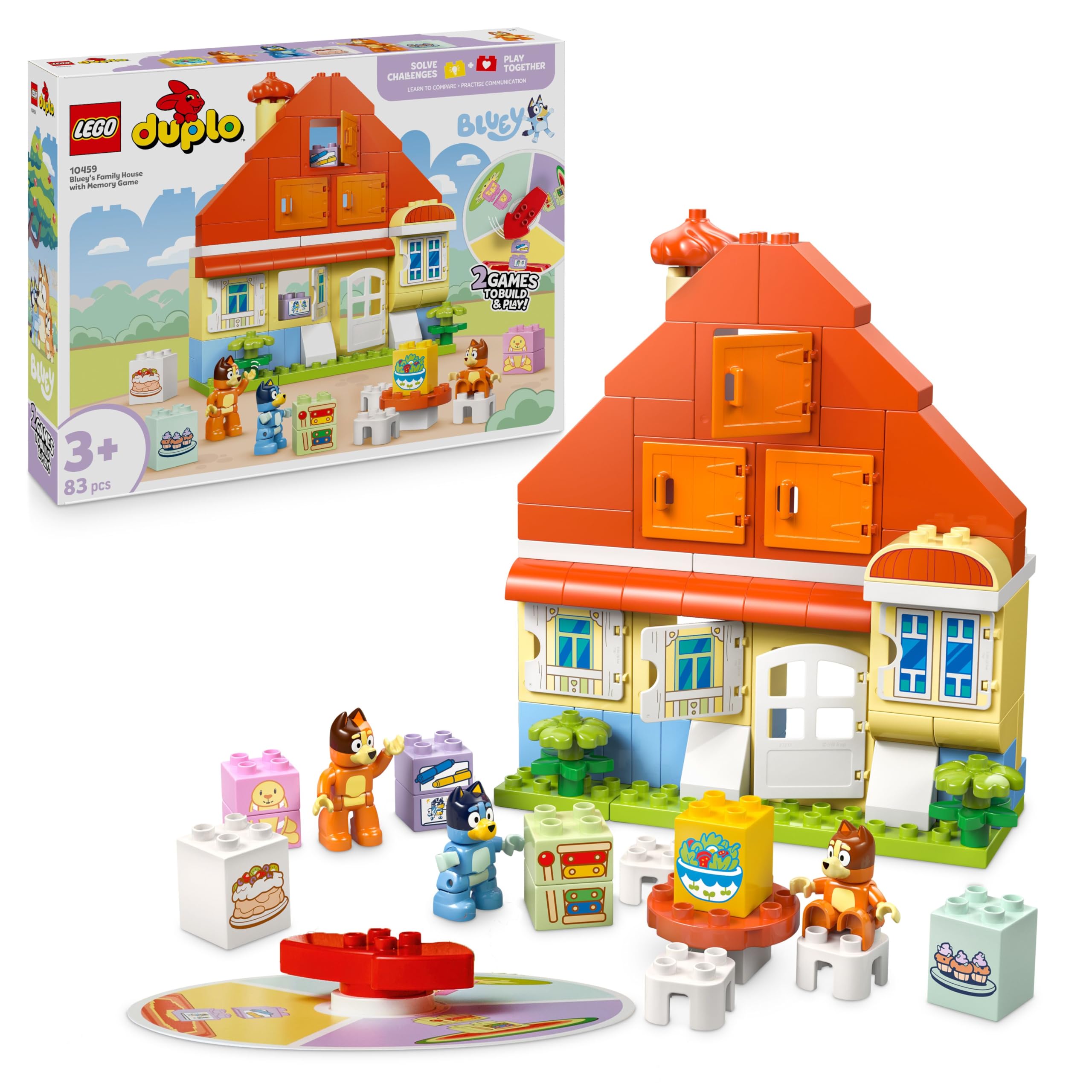 LEGO DUPLO Bluey: Casa della Famiglia Bluey con Gioco di Memoria - Giochi Educativi con 3 Personaggi, Casetta con Finestre Apribili e Gioco da Tavolo - Regalo per Bambine e Bambini 3+ Anni - 10459