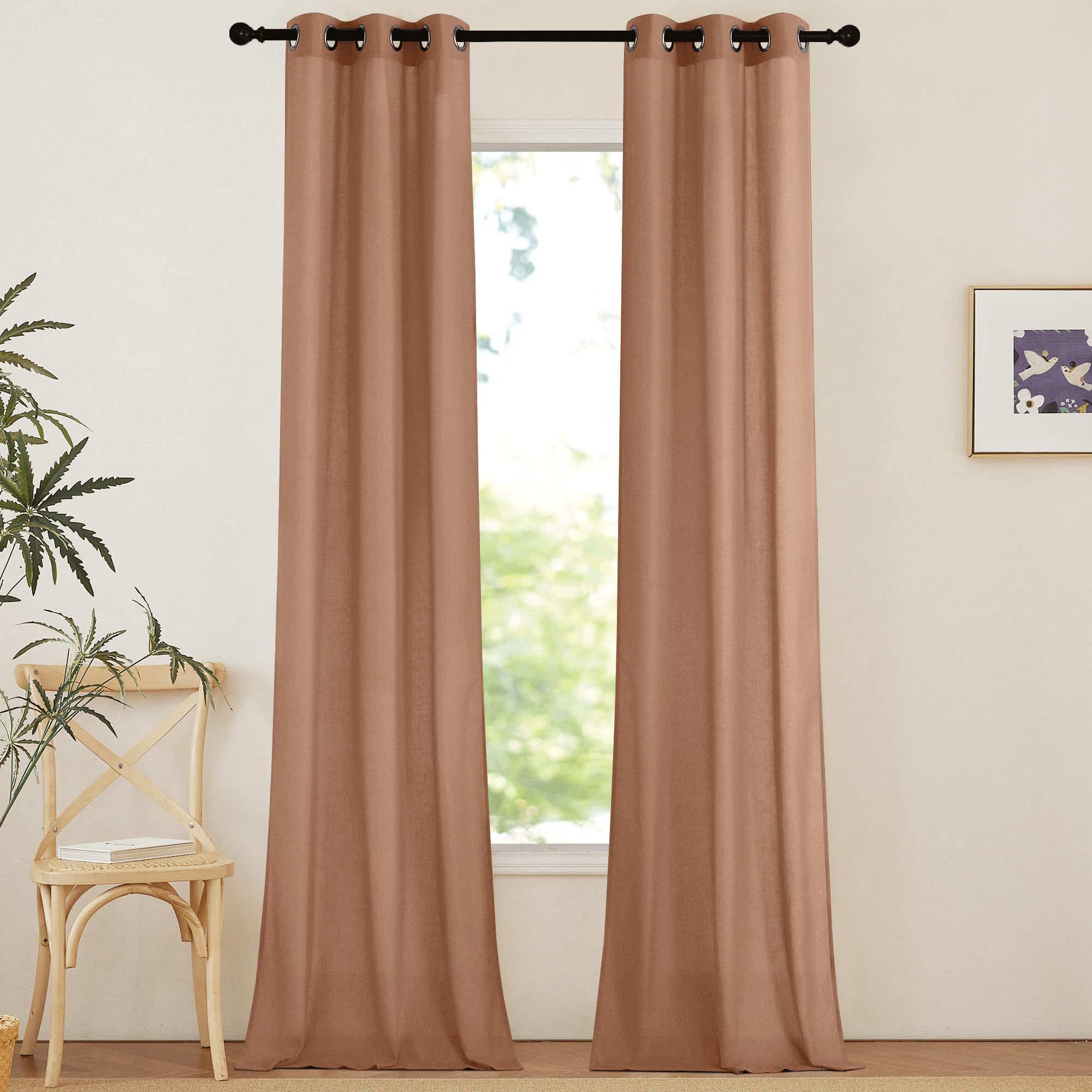NICETOWN Linen Curtains 96 inches Long for Living Room, Grommet Semi Sheer Drapes Linen Weave Window Treatments Privacy Added with Light Filtering for Bedroom, Terracotta, W34 x L96, 2 Panels Image