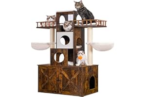 Heybly Cat Tree with Litter Box Enclosure for Indoor Big Cat, Cat Tower for Large Cats 20 lbs Heavy Duty, Modern Cat Condo Furniture with Scratching Posts, Rustic Brown HCT110SR