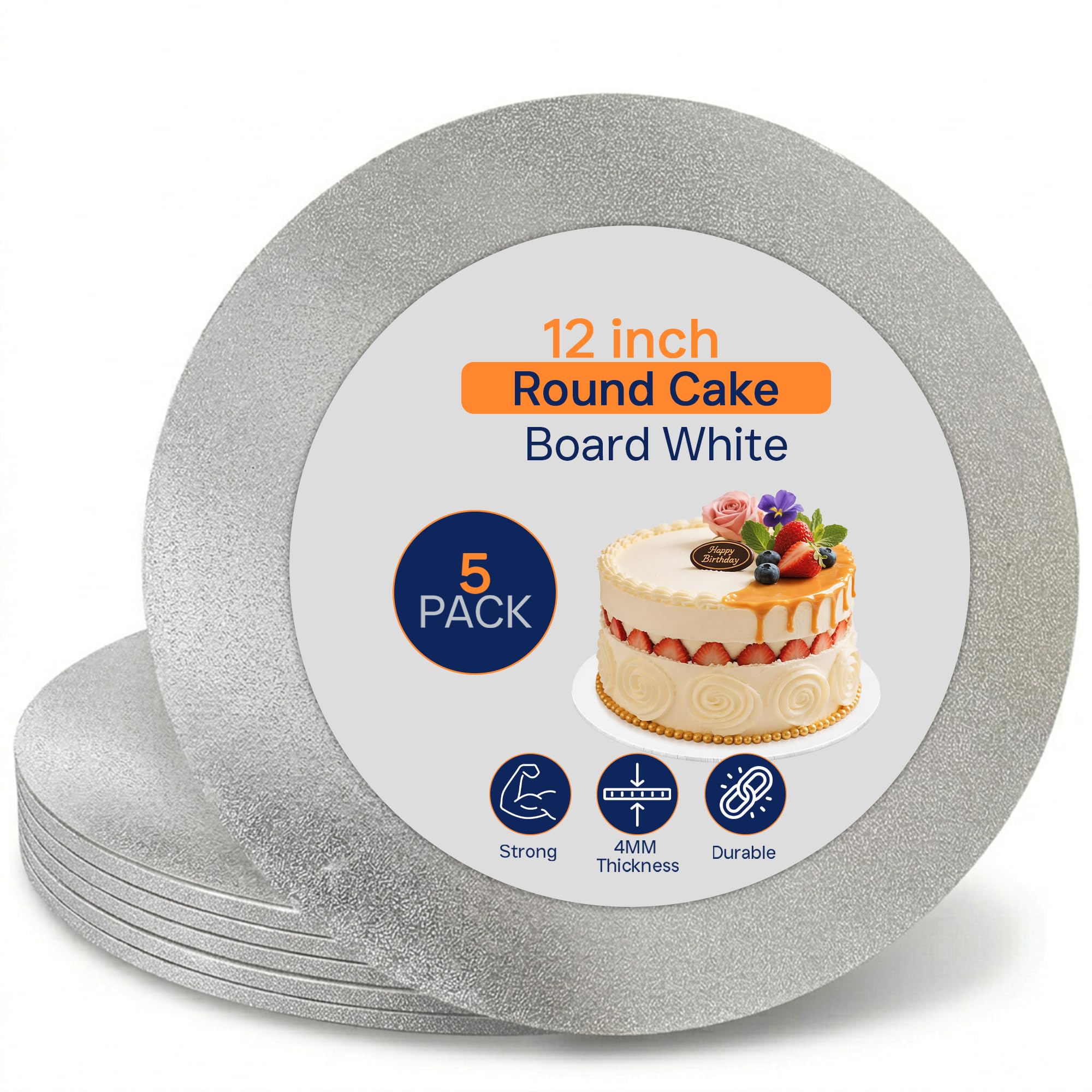 SAMZ Packaging 12" Silver Cake Board, Strong Round Cake Board, Cake Drum, 4mm Thick (Pack of 5)
