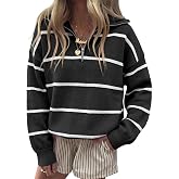 Fisoew Womens Quarter Zip Striped Sweater Oversized Turtleneck Pullover Top | Color Block, Long Sleeve, Half Zip, V Neck, Knit, Cozy, Preppy, Sweater, Top, 2026 Fall Winter