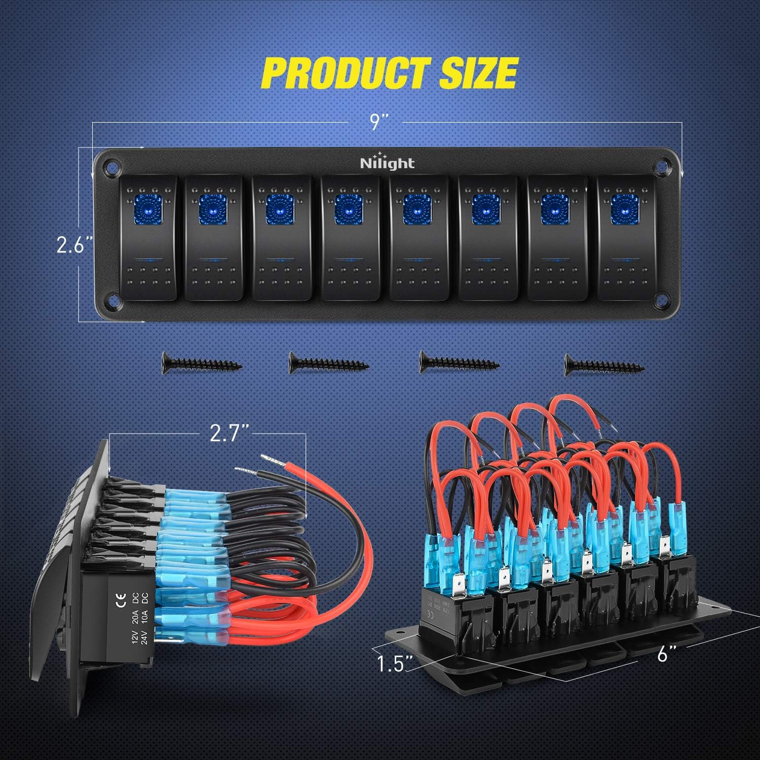 Nilight 8 Gang Aluminum Rocker Switch Panel Toggle Dash 5 Pin ON/Off Pre-Wired Rocker Switch Red Backlit Switch for Automotive Car Marine Boat RV,2 Years Warranty: Industrial & Scientific