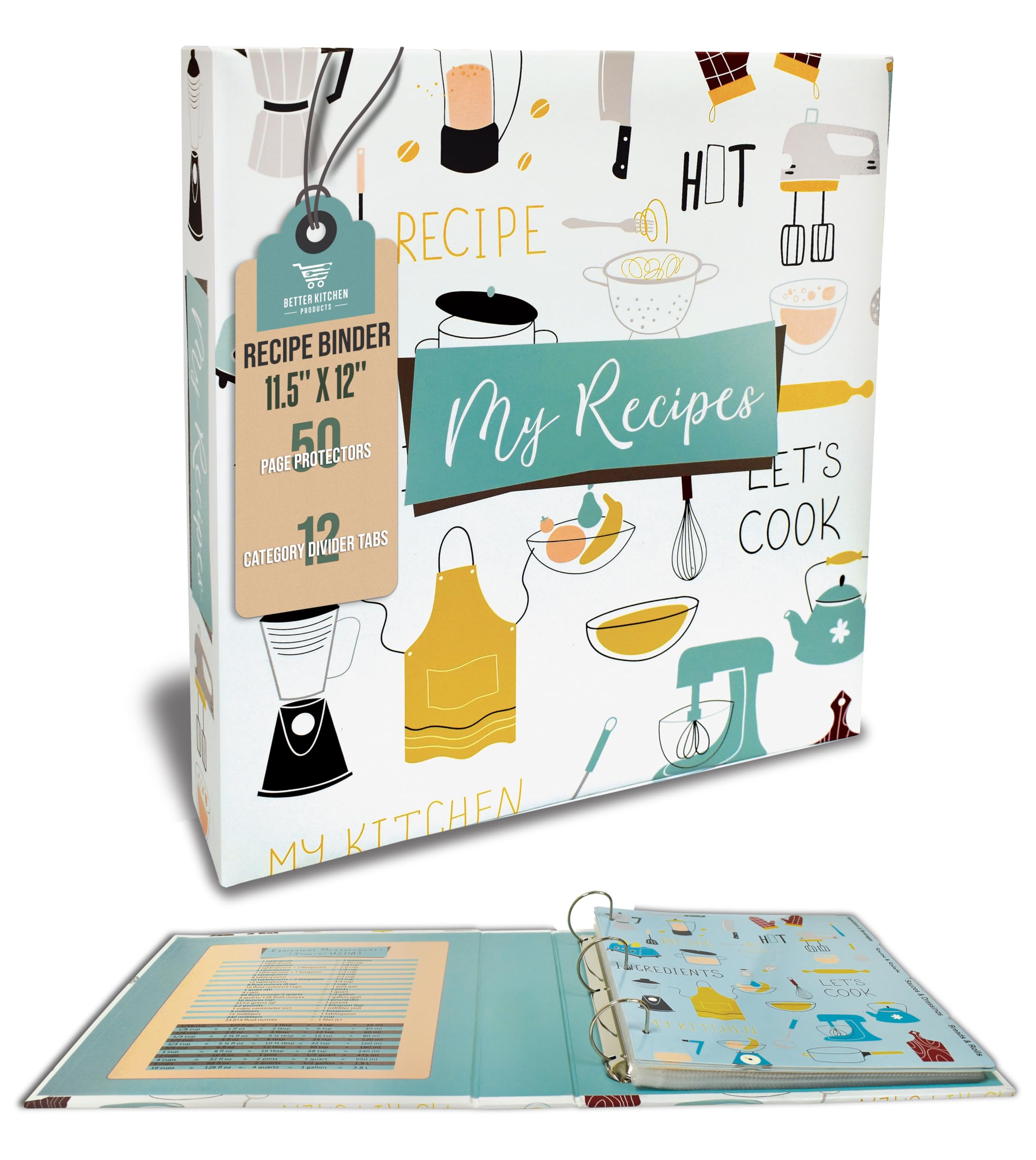 Recipe Binder, Full Page 3 Ring Standard Binder Organizer Set (with 50 Page Protectors & 12 Category Divider Tabs) by Better Kitchen Products, 11.5" x 12" Vintage Kitchen Design