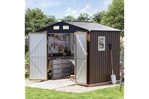 Grovellis 6x8FT Outdoor Metal Storage Shed, Double Door, 1 Clear Window, Tool Shed for Garden, Patio, Backyard Brown