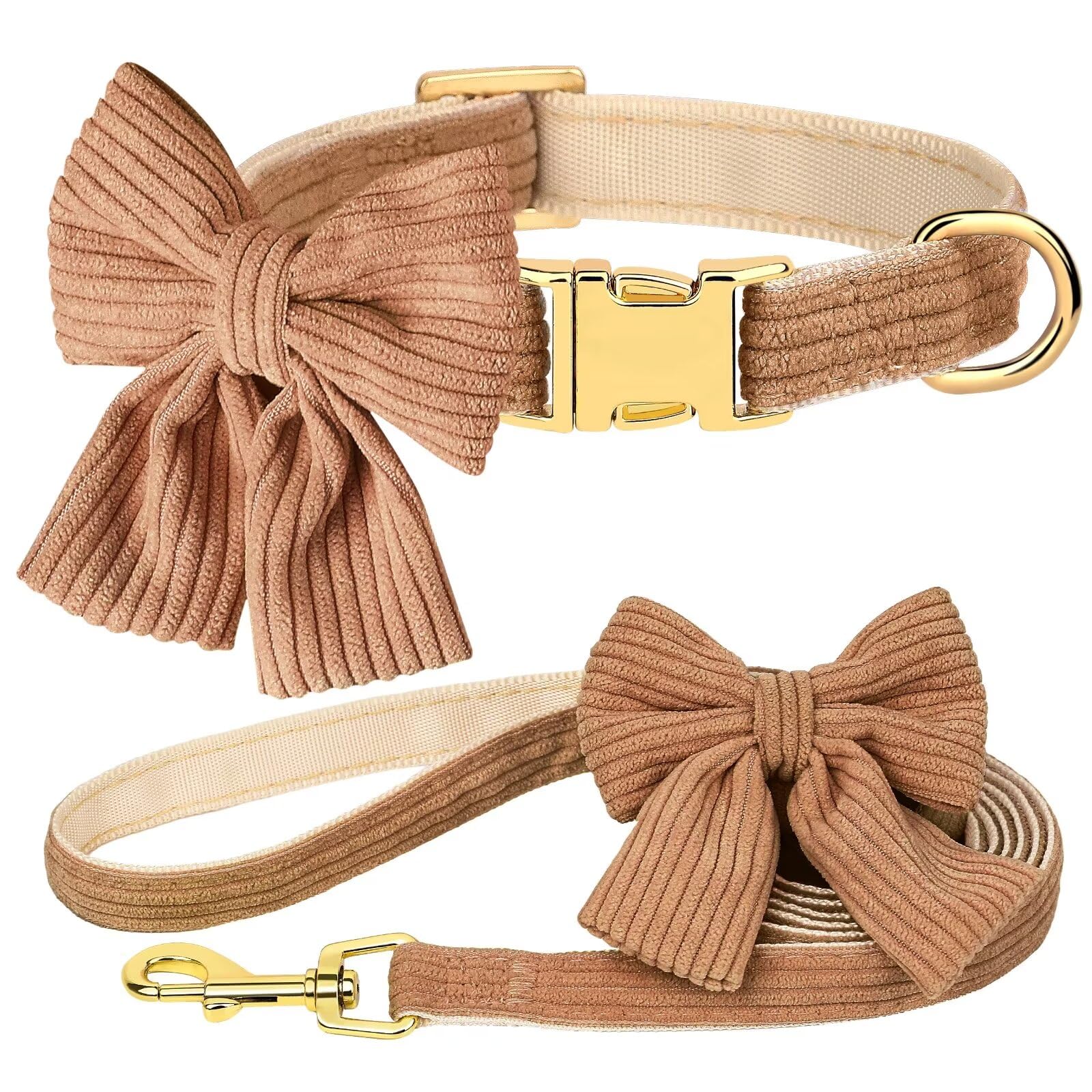Photo 1 of Didog Dog Collar and Leash Set with Bowtie, Girl Dog Collars Metal Buckle Adjustable for Small Medium Dogs(Brown, M)