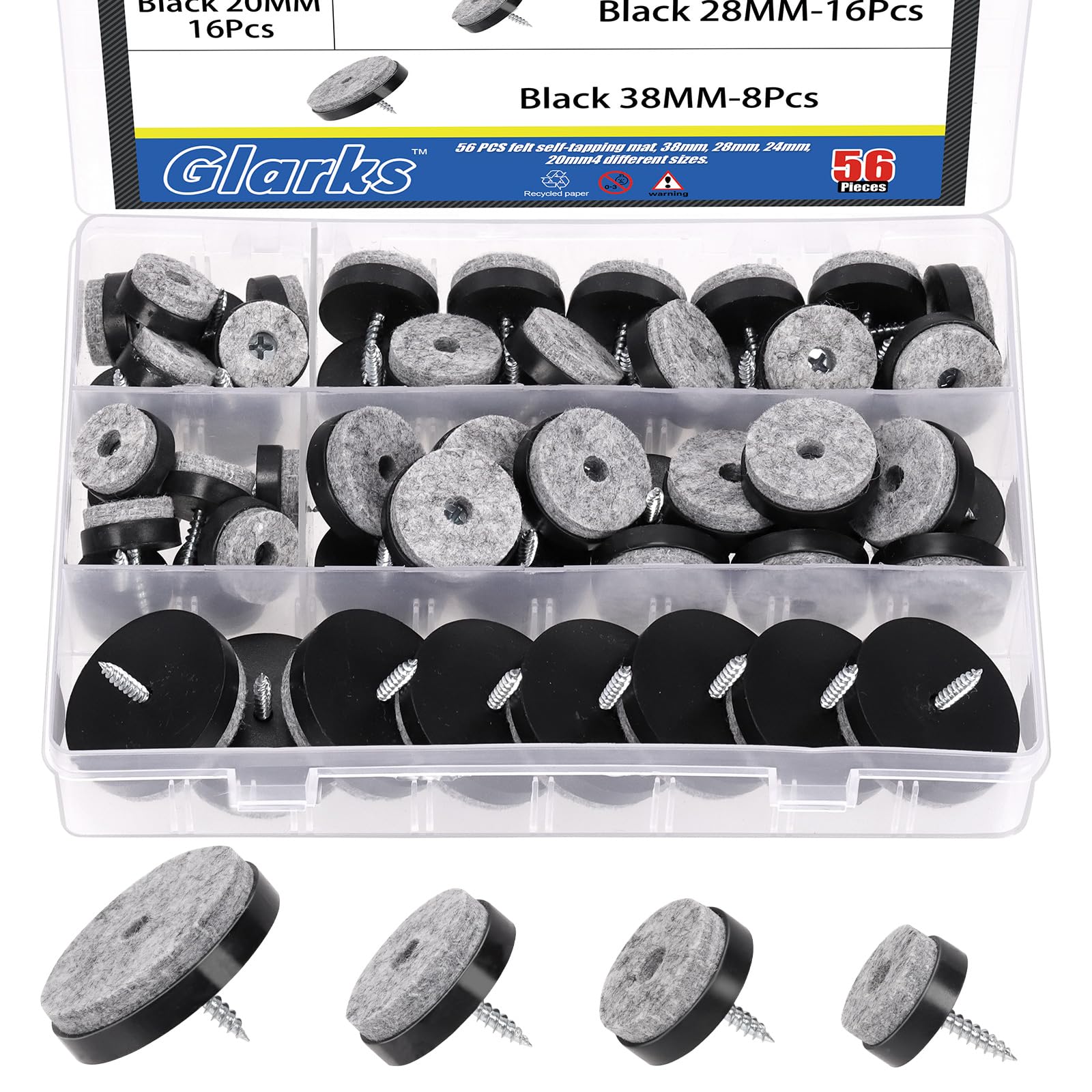 Glarks 56pcs Black 20MM 24MM 28MM 38MM Furniture Glide Screw-on Furniture Antiskid Felt Pad Slider Floor Protector for Wooden Leg Feet of Chair Table Sofa Stool
