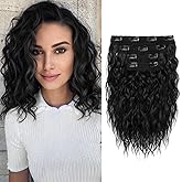 REECHO Hair Extensions, 4PCS Clip in Hair Extensions 12" Short Curly Wavy Black Hair Extensions Invisible Lace Weft Natural Soft Hairpieces for Women – Black