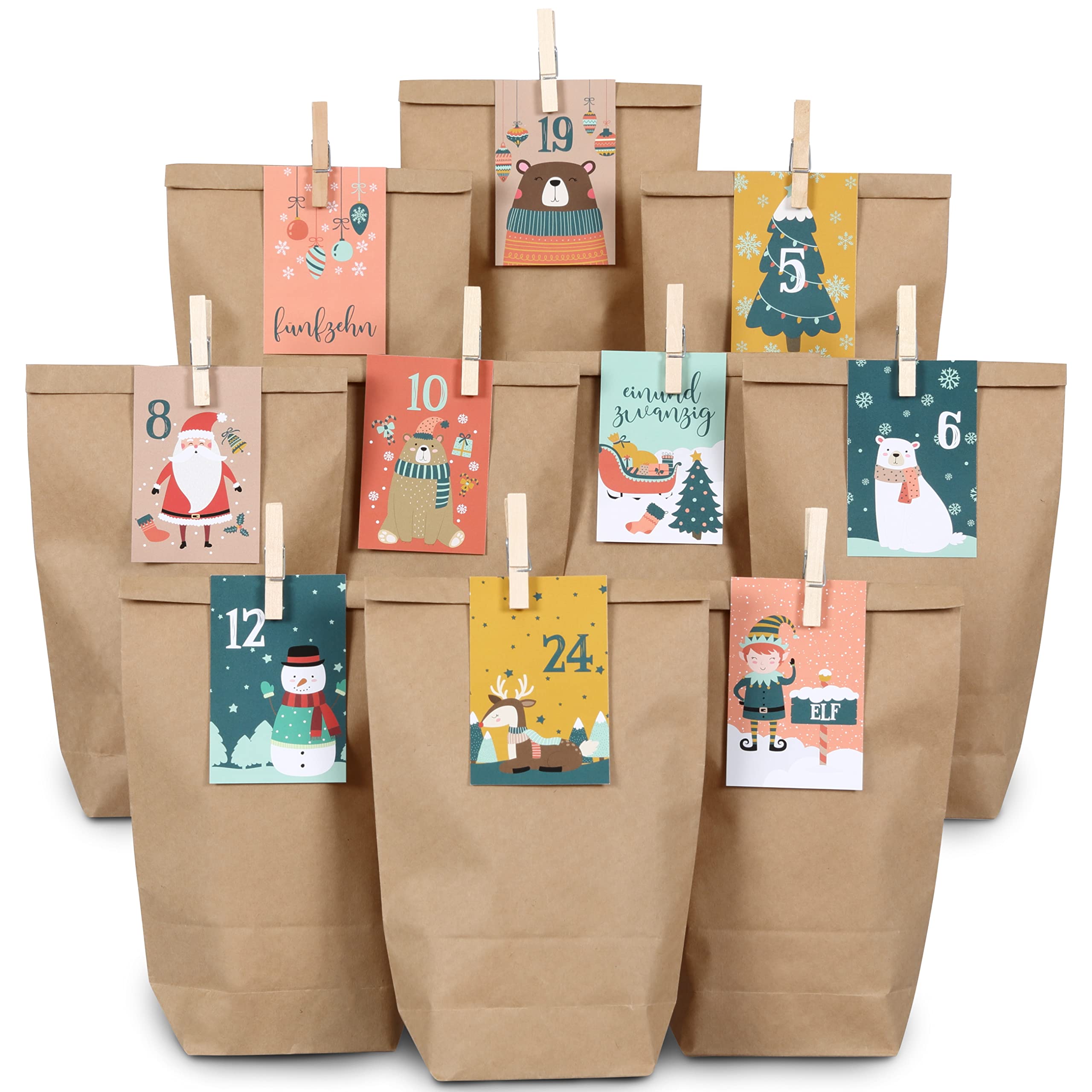 Papierdrachen Advent Calendar with Cards - 24 Gift Bags and Wooden Pegs - Christmas Animals - Advent Calendar for Filling - for Children - Set of 7