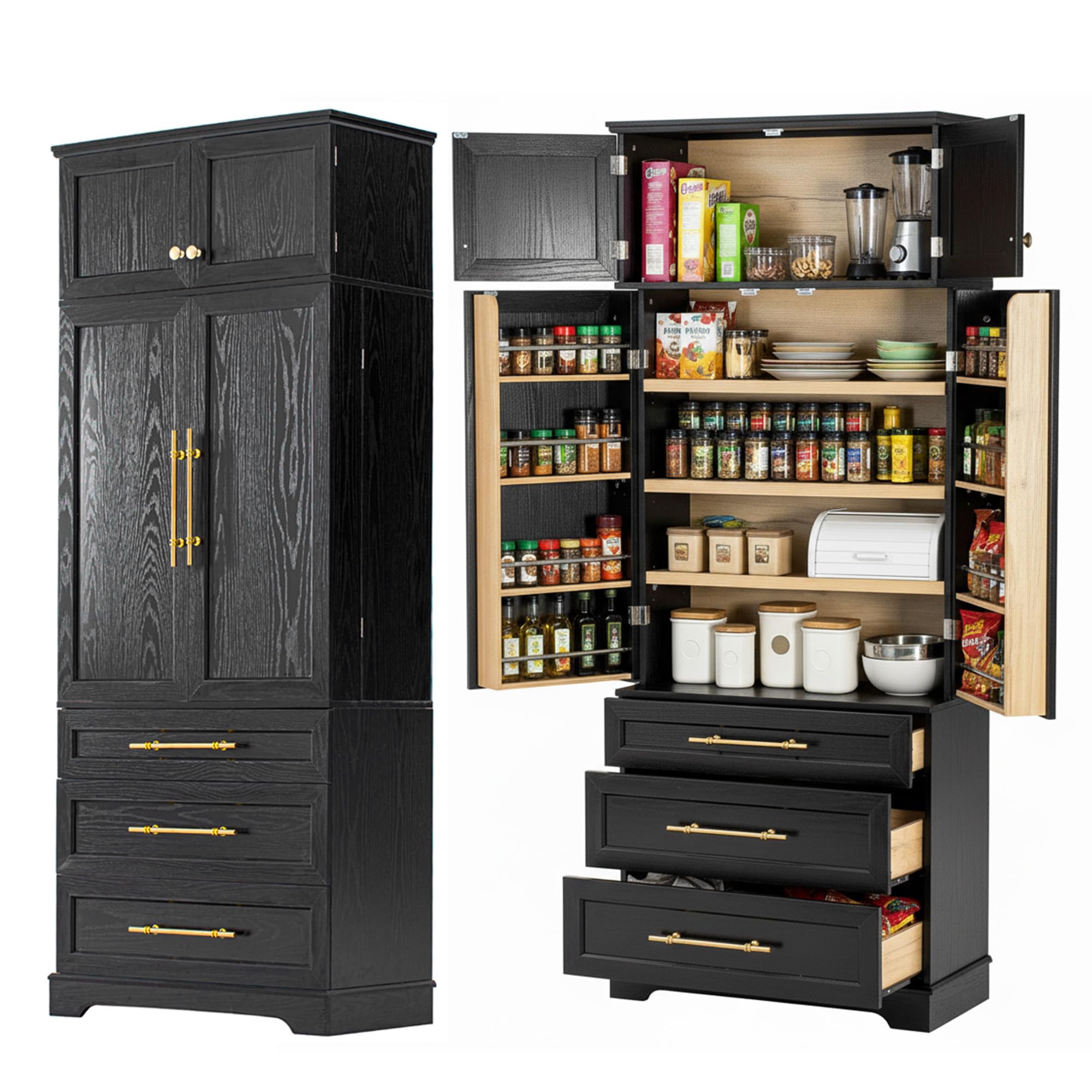 Photo 1 of ***FINAL SALE/NO RETURN, VIEW NOTES*** Merax 78.2" Tall Farmhouse Kitchen Pantry Cabinet with 8 Door Shelves, Storage Cabinet with 3 Adjustable Shelves, 3 Large Drawers, Versatile Cupboard for Kitchen, Dining & Bathroom, Ash Black