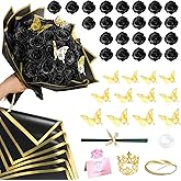 CCYXSHOW DIY Glitter Roses Bouquets - 24 Pack Fake Rose Bouquet Black Flowers with Stems Butterfly Crown Eternal Floral for Halloween Elegance Wedding Bouquets Anniversary Birthday Party Gifts