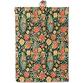 ICAAV Virgin of Guadalupe Flannel Blanket 50x60in,Bright Floral Pattern with Our Lady of Guadalupe on Green Background,Soft Lightweight Throw for Mexican Religious Gifts,Catholic Decor