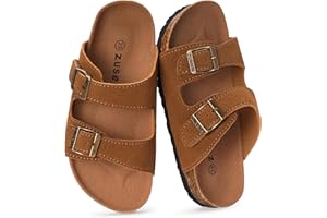 ZUSERIS Kids Toddler Sandals Boys Girls Cork Footbed Slides Summer Double Buckle Slippers Comfort Suede Leather Flat for Indoor Outdoor with Adjustable Straps