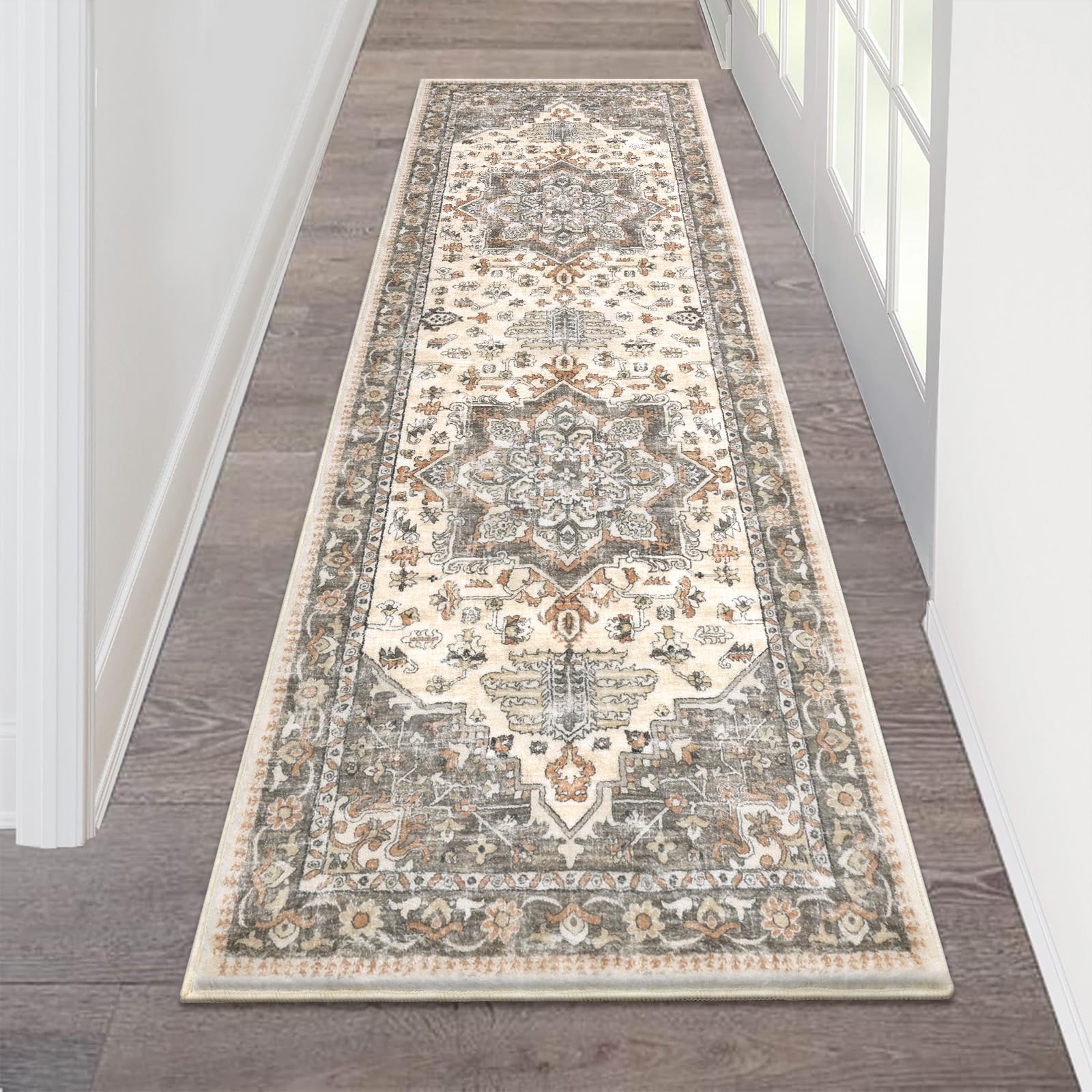 Photo 1 of HEBE Runner Rug 2x6, Non Slip Washable Boho Rug Runners for Hallway, Vintage Floor Carpet Runner for Kitchen, Entryway, Bathroom, Bedroom, Farmhouse, Laundry, Taupe Brown