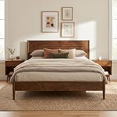 AllForWood Apollo Solid Wood Platform Bed Full, Headboard, Walnut | Solid rubberwood, reinforced frame, slat support, no box spring, easy assembly, mid-century Scandinavian bedroom