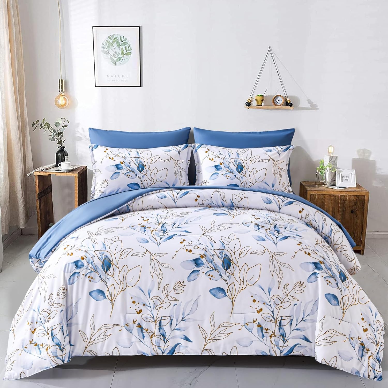 Photo 1 of **MISSING COMFORTER** WONGS BEDDING Botanical Comforter Set Queen, 7 Pieces Floral Reversible Bed in a Bag Gold Blue Leaves Bedding Set Queen (1 Comforter,2 Pillowcase,2 Pillow Shams,1 Flat Sheet,1 Fitted Sheet)