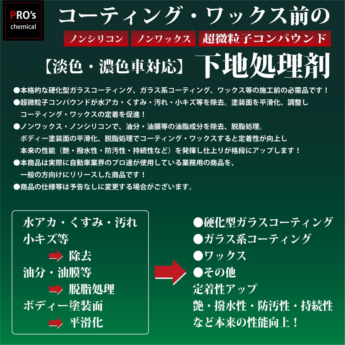 Mua 業務用 プロ仕様 コーティング ワックス前の下地処理剤 超微粒子コンパウンド ノンワックス ノンシリコンで水アカ くすみ 汚れ 小キズ等を除去 油分 油膜等の脱脂処理 塗装面を平滑化 定着を促進 淡色 濃色車対応 100ml Byプロズケミカル Tren Amazon
