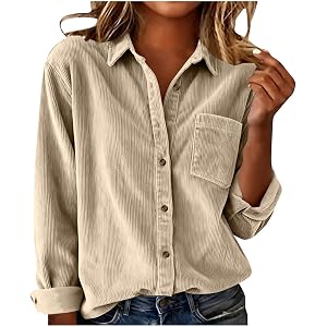Womens Corduroy Long Sleeve Shirts Oversize Button Down Collar Blouse Loose Fit Breathable Office Daily Top
