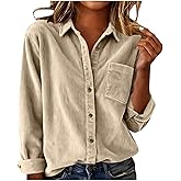 Womens Corduroy Shirts Button Down Long Sleeve Collared Blouses Tops Oversized Boyfriend Jackets Shackets with Pocket