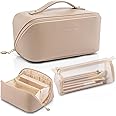 Vlando Makeup Organizer Bag,Travel Makeup Bag for Women Waterproof Portable Cosmetic Bag PU Leather Open Flat Make up Bag for Travel Essentials, Valentines Day Gifts for Women Mom(Toffee)