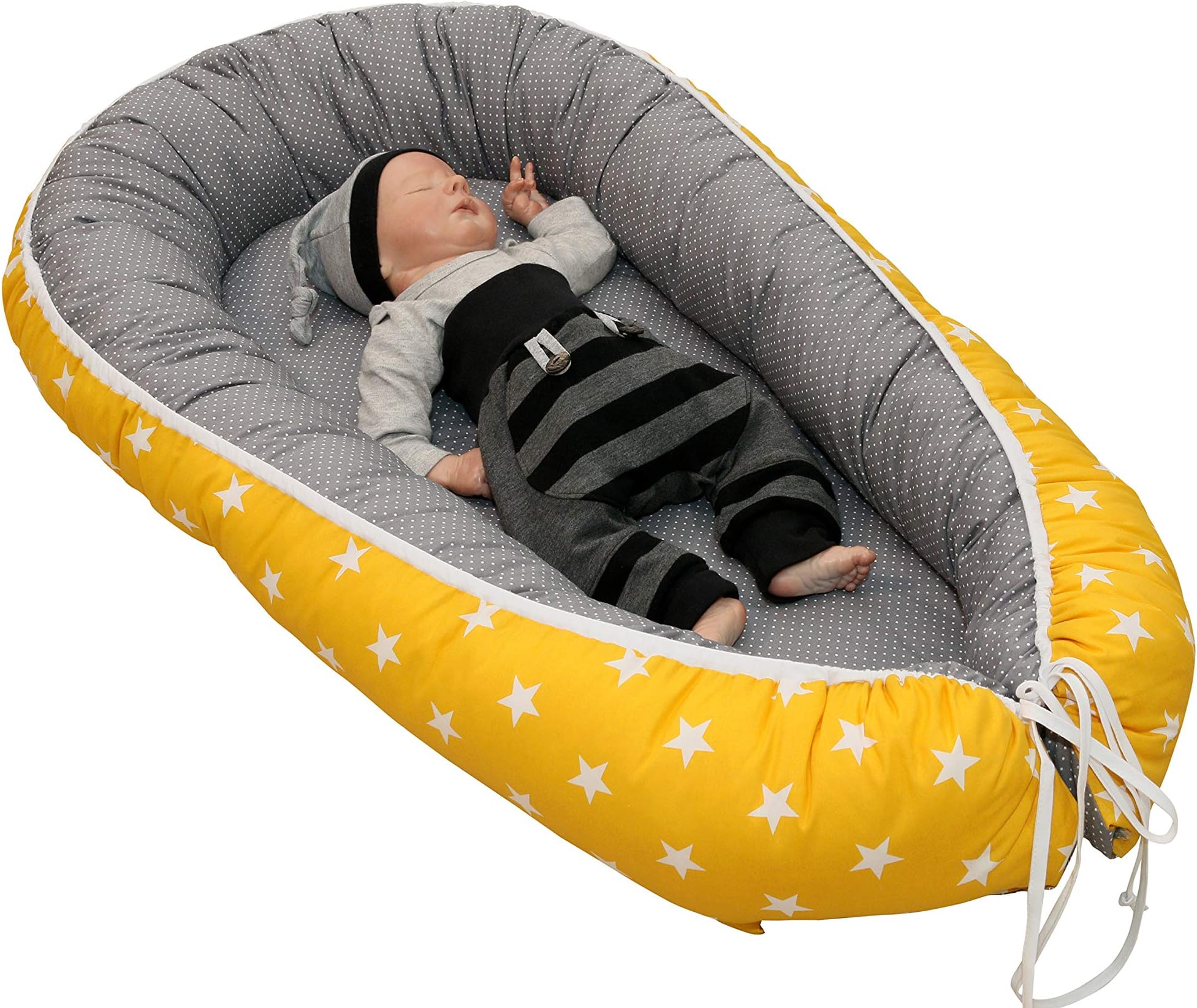 ULLENBOOM ® Baby nest – Yellow Grey (55x95 cm Baby Cocoon, Cotton Sleeping nest, Suitable for a Travel Bed or a Snuggly Sleep pod)