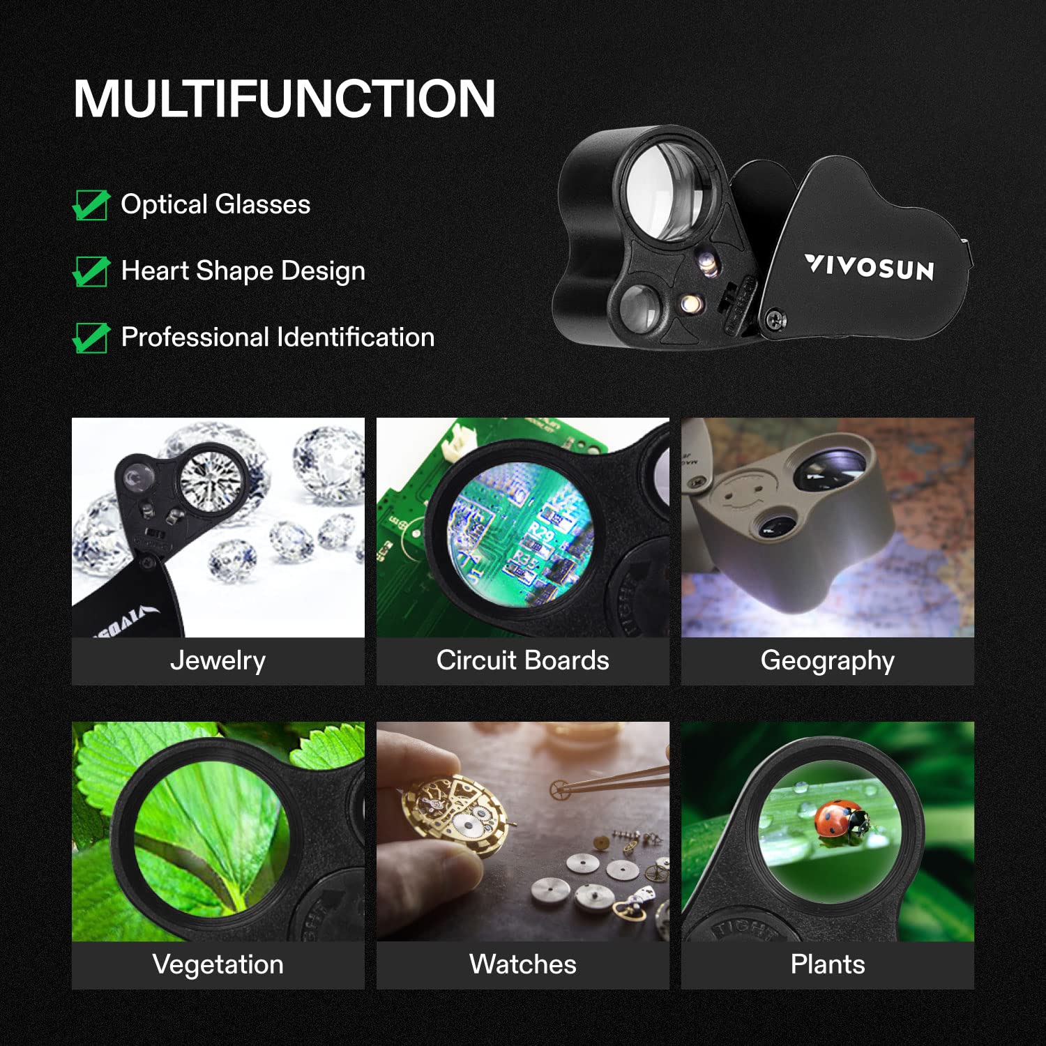 VIVOSUN 2-Pack 30X 60X Illuminated Jewelers Loupe Foldable Magnifier with LED Light for Jewelry Gems Watches Coins Stamps Antiques Black