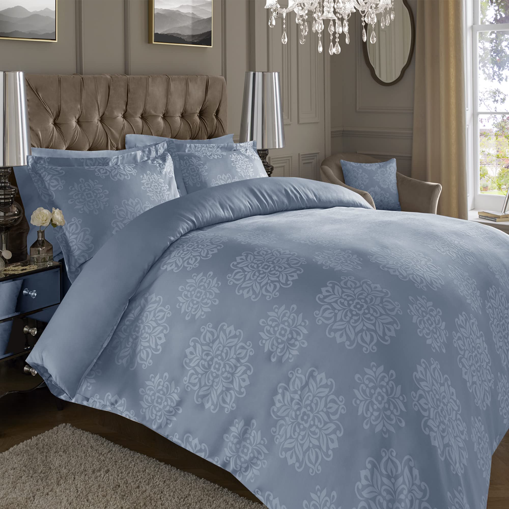 ED Luxury 600 Thread Count Jacquard Duvet Cover 3 Piece Set | Super Soft Cotton Rich & Warm Bedding | Damask Pattern Quilt Cover (Double, Blue Ornamental)