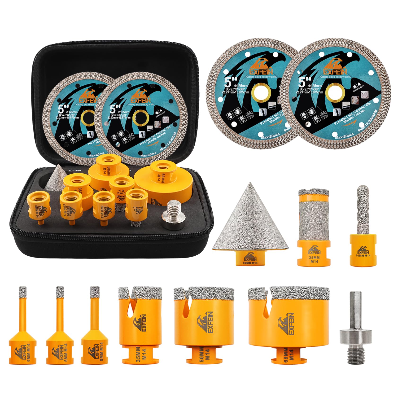 EXFEIN Diamond Tile Drill Bits Set 12pcs - 6/6/8/25/35/50/68mm Drill Bits M14 Thread + 10mm Finger Bit + 50mm Chamfer Bit + Adapter + 2pcs 125mm Diamond Discs for Porcelain Tile Marble Granite
