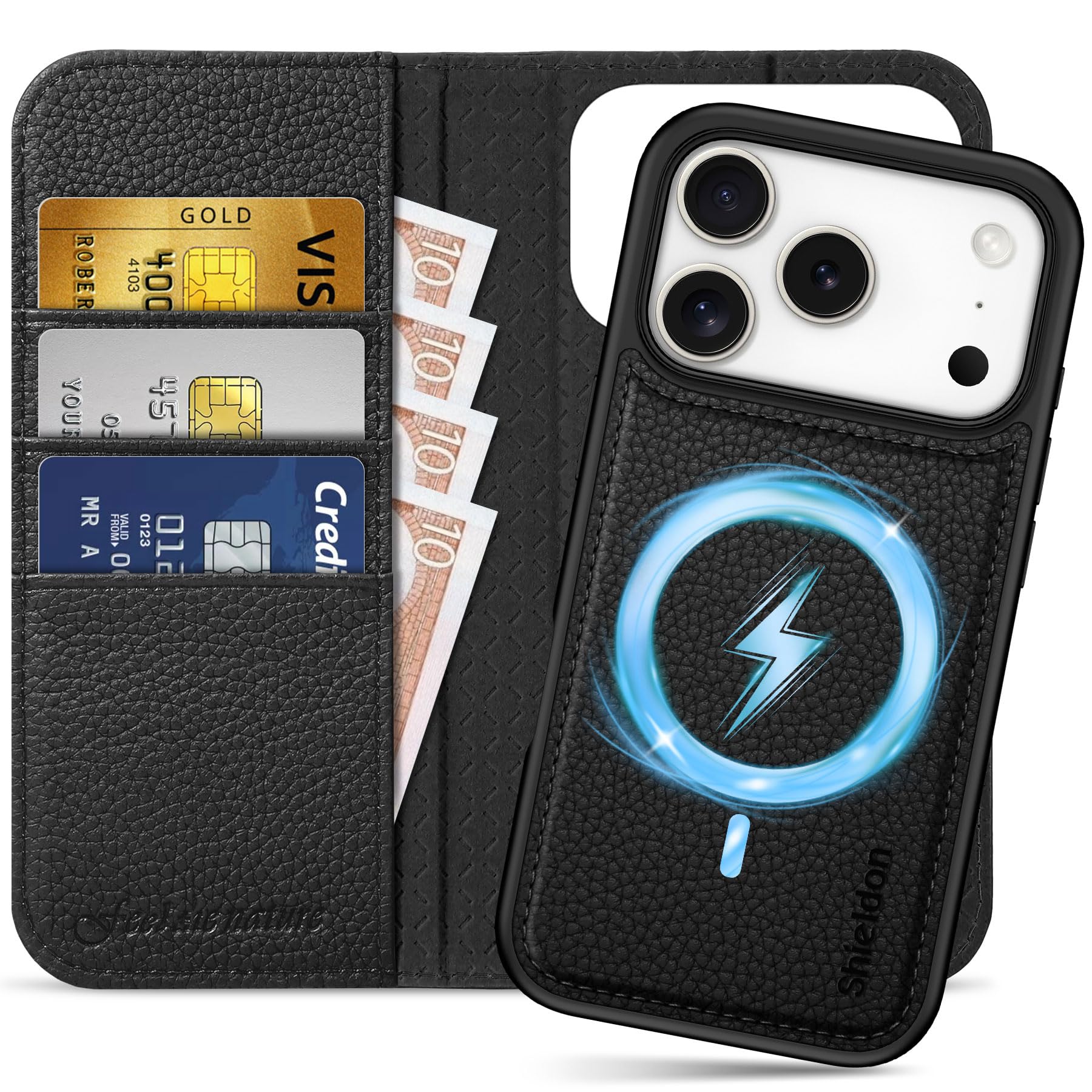Photo 1 of SHIELDON 2-in-1 Case Wallet for iPhone 17 Pro 6.3 Inch 2025 | Genuine Leather | Wireless Charging | Kickstand | RFID Blocking Card Holder | Magnetic | Removable Phone Cover - Pebbled Black