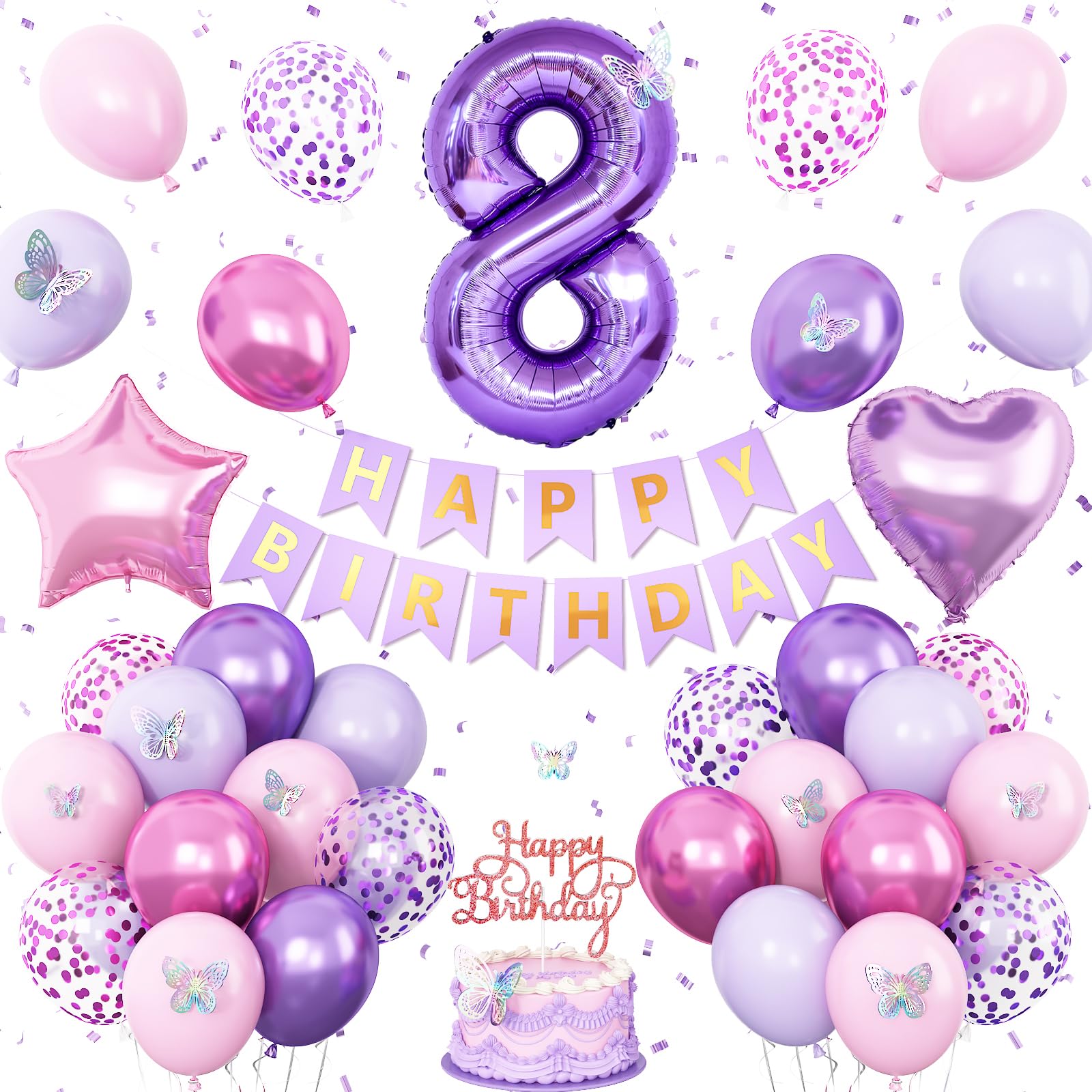 Photo 1 of 8th Birthday Decorations for Girl,Pink Purple 8th Butterfly Decoration Birthday Balloons Pink Purple Banner Number 8 Balloons Cake Topper Butterfly Party Supplies for Girls