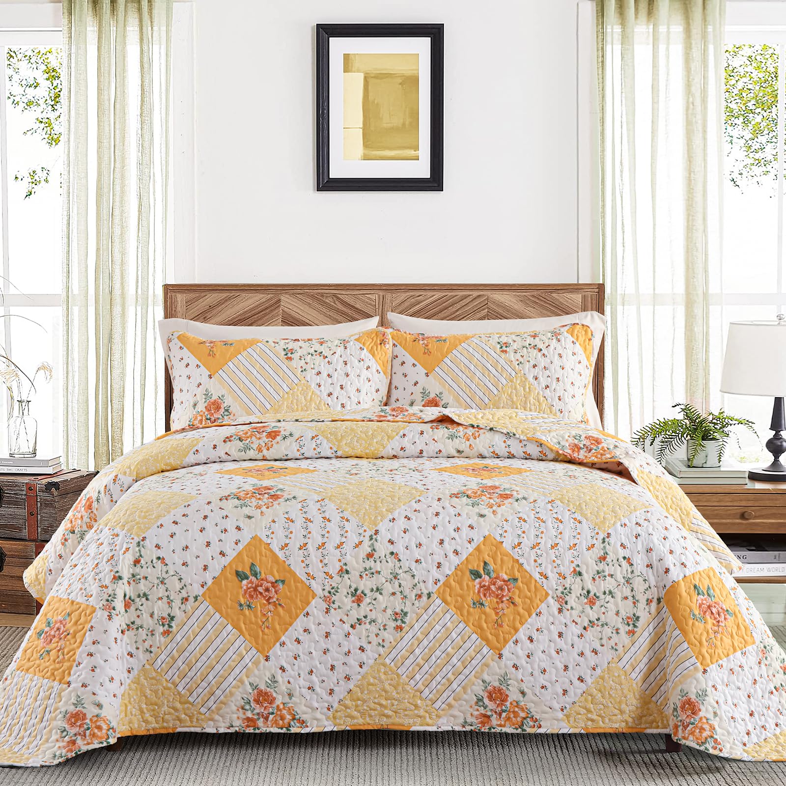 Dinjoy Yellow Quilt Set Queen Size, Reversible Floral Plaid Patchwork Pattern Bedding Set Soft Microfiber Lightweight Bedspread Coverlet 3 Piece Spring Summer Use (96"x90")