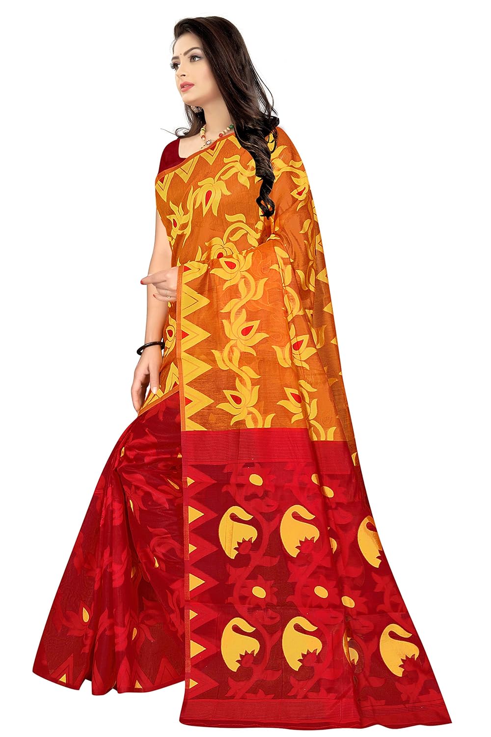 Buy Entaro International Dhakai Jamdani Handloom Woven Pure Cotton Soft Silk Light Weight Half Half Transparent Saree For Women S With Blouse Piece Gold Red At Amazon In