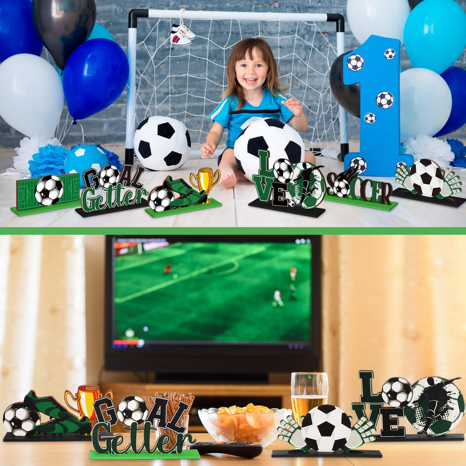 Suzile 6 Pcs Soccer Party Decorations Wooden Soccer Theme Birthday Party Centerpieces Table Decoration Football Tabletop Decor for Boys Girls Sports Theme Baby Shower Birthday Supplies
