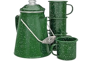 COLETTI Classic Enamel Set Coffee Percolator & Mugs — The Most Nostalgic Camping Coffee Pot, Now Modernized [Green Enamel, 12 Cup Percolator Coffee Pot & Set of 4 Mugs]