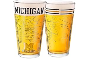 Greenline Goods – University of Michigan Wolverines College Pint Beer Glasses (Set of 2), 16 oz – Full‑Color Logo + Campus Map