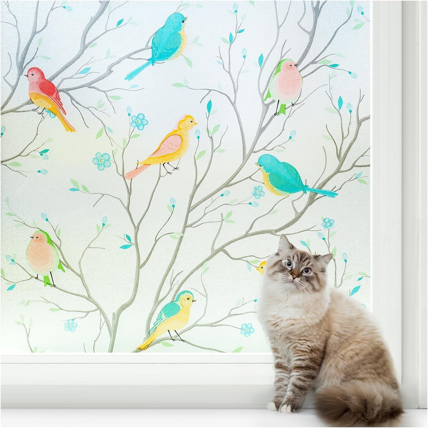 rabbitgoo Window Privacy Film, Stained Glass Window Cling, Decorative Frosted Glass Film, Removable Bathroom Privacy Sticker, Static Cling UV Blocking Front Door Covering, Bird Pattern, 35.4" x 157.4" Image