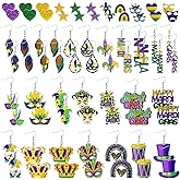 Ecation 36 Pairs Mardi Gras Earrings for Women Green Gold Purple Glitter Mask Mardi Gras Wood Earrings Fat Tuesday Carnival Parade Jewelry Gifts