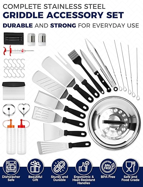 CHEFSPOT 36PC GRIDDLE ACCESSORIES KIT – FLAT TOP GRILL ACCESSORIES HIBACHI SPATULA SET FOR WEBER AND BLACKSTONE GRIDDLES, BREAKFAST TOOLS, BASTING COVER, CLEANING BRUSH FOR OUTDOOR BBQ