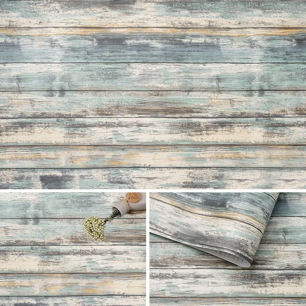 Arthome Blue Rustic Wood Paper 43.5cmx305cm Self-Adhesive Removable Wood Peel and Stick Wallpaper Vinyl Decorative Plank Film Wall Covering for Furniture Easy to Clean Wooden Grain Paper