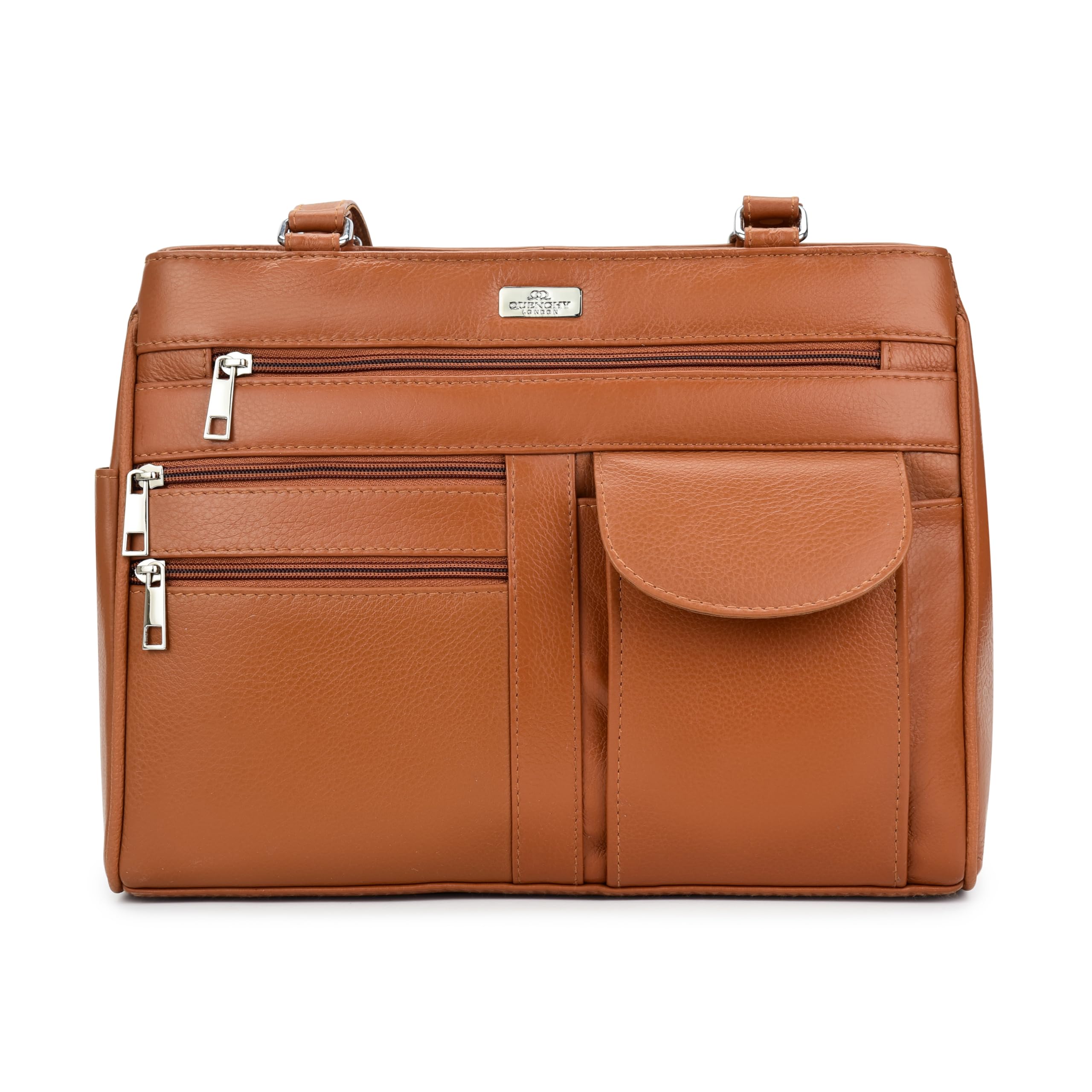 Quenchy London Ladies Real Leather Handbag - Womens Shoulder Hand Bag with 2 Top Handles, 8 Pockets, 2 Large Zipped Main Sections – Medium Practical Size - QL173T Tan Cow Hide