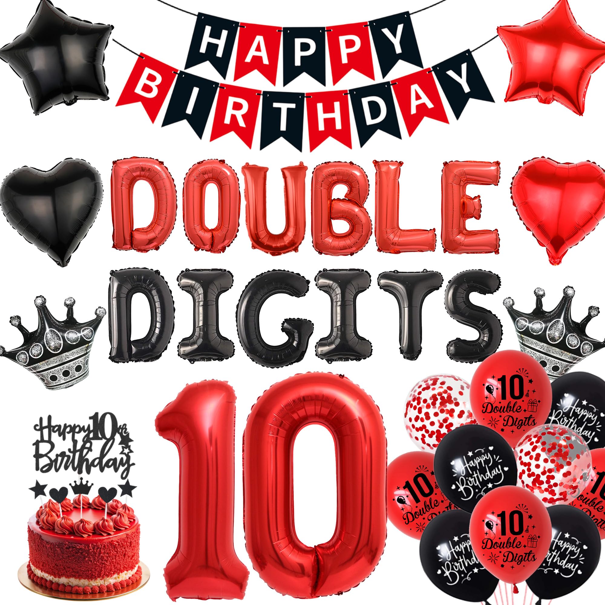 Double Digits 10th Birthday Decorations - Black Red Happy Birthday Banner Party Supplies for Girls, Crown Stars Number 10 Foil Balloon, 10 Years Old Latex Balloons Cake Toppers for Boys Kids