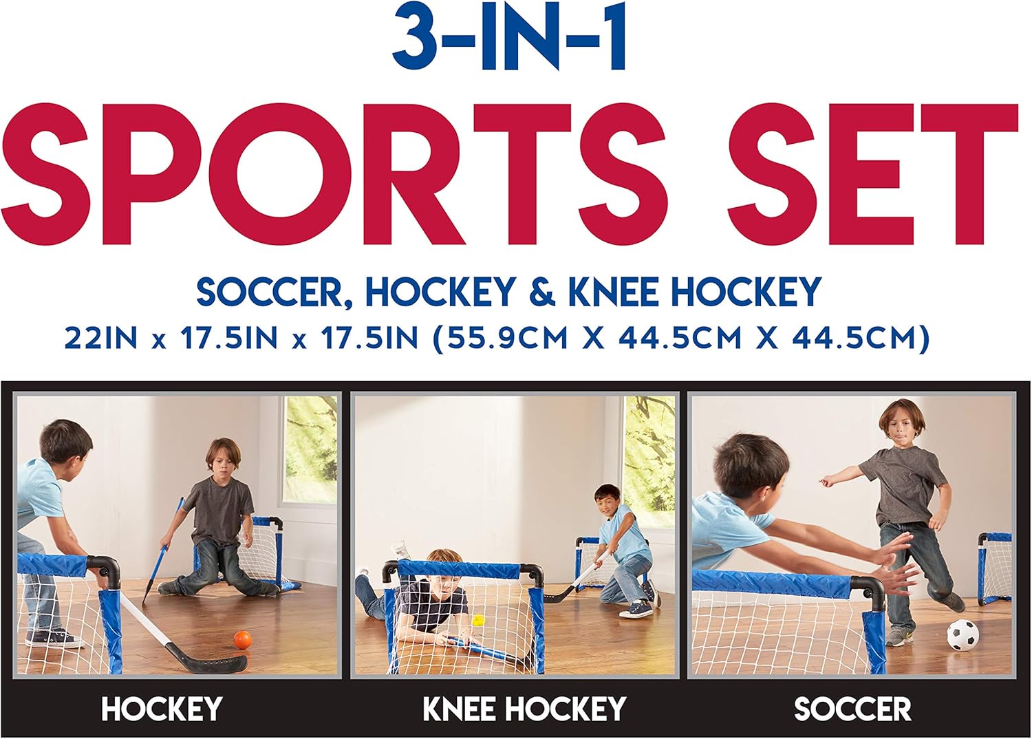 Franklin Sports Indoor Mini Goal Sports Set - 3 in 1 Kids Indoor Goal Set - Indoor Mini Floor Hockey, Knee Hockey, and Mini Soccer Set for Kids : Hockey Equipment : Sports & Outdoors