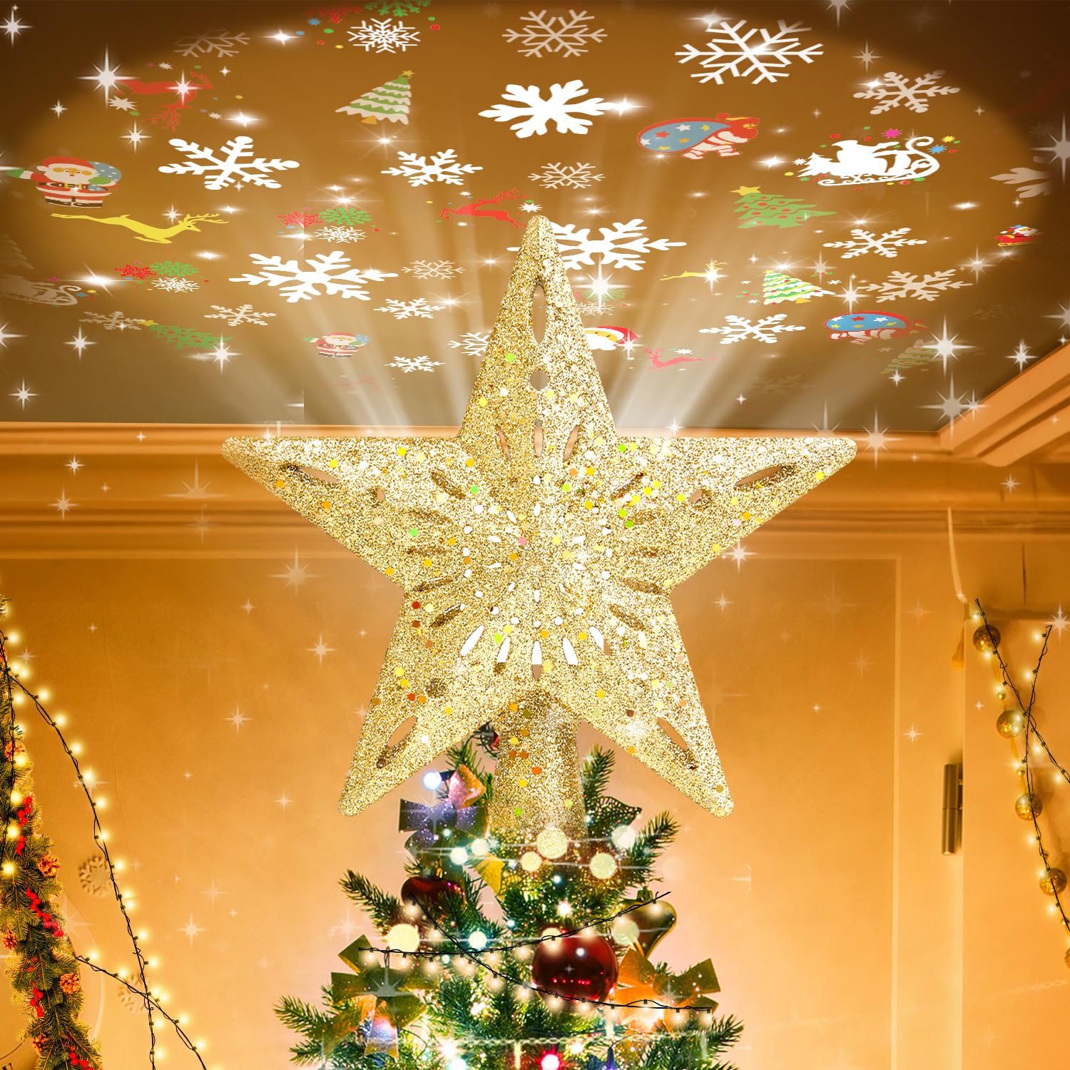 Photo 1 of Mrrihand Christmas Tree Topper Lighted with 6 Projection Modes, Christmas Star Tree Topper Built-in LED Rotating Lights, Gold 3D Glitter Dynamic Projection for Christmas Tree Decorations